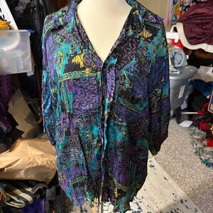 80s vintage purple and teal button down abstract blouse policy brand
